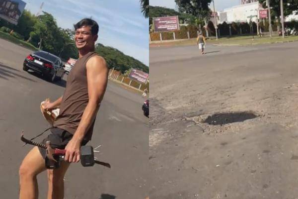 Surya Insomnia Turun Tangan Tambal Jalan Aspal