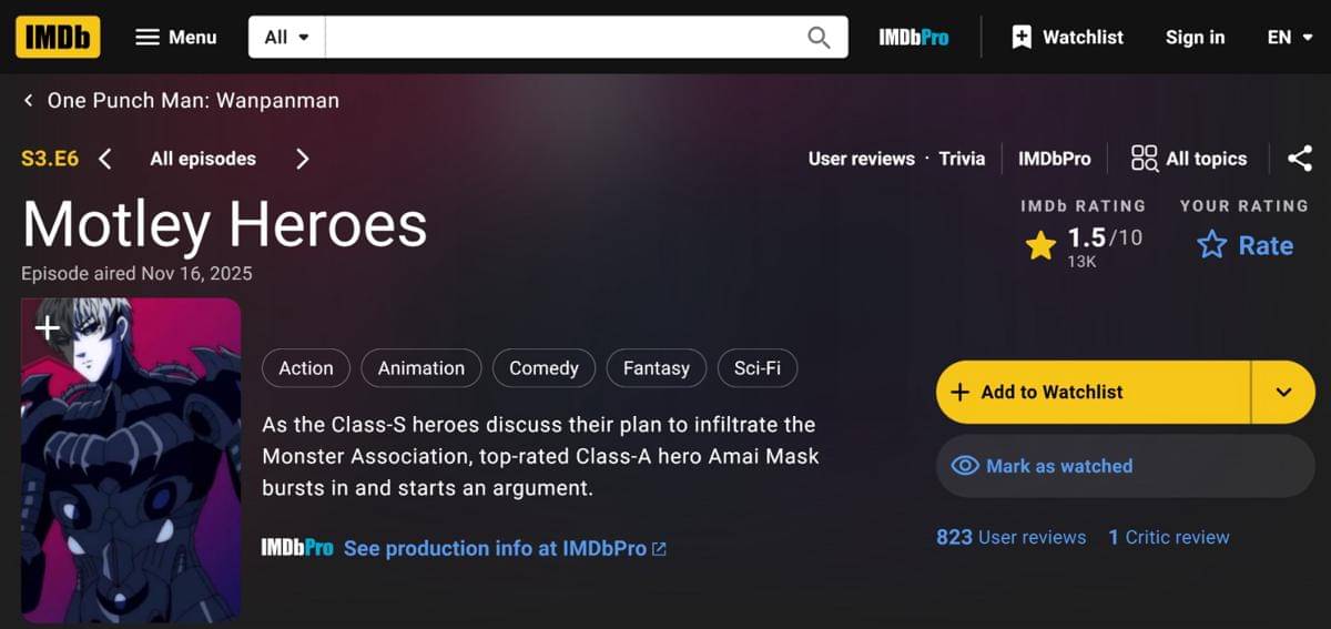 nilai ulasan One Punch Man Season 3 episode 6 yang sangat rendah