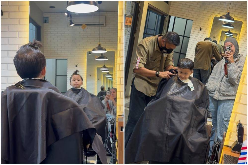 Zaskya Adya Mecca temani anak bungsu potong rambut.