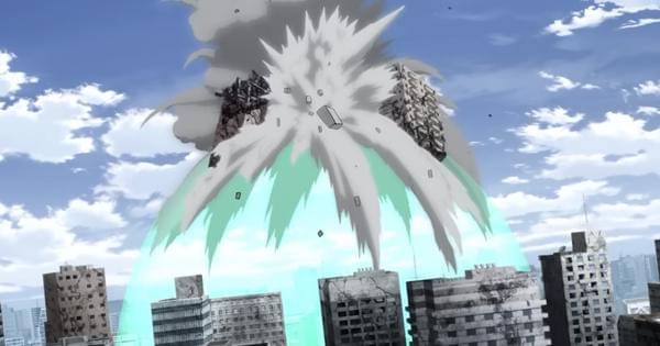 Bangunan yang dijatuhkan Evil Eye membentur barrier Tatsumaki - One Punch Man S3
