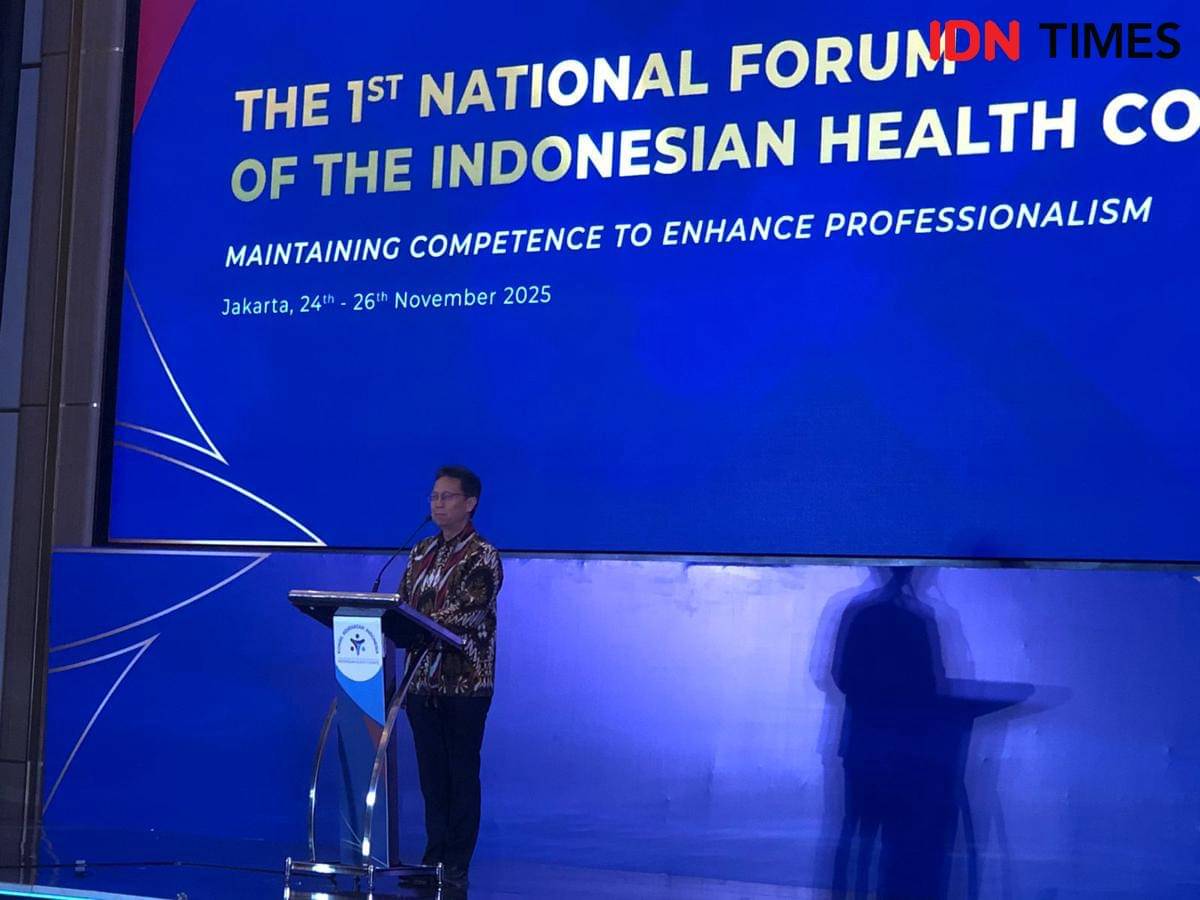 Menteri Kesehatan Budi Gunadi Sadikin dalam acara The 1st National Forum of The Indonesian Health Council di Jakarta, Selasa (25/11/2025). (Dok. IDN Times/Regina Sofya)