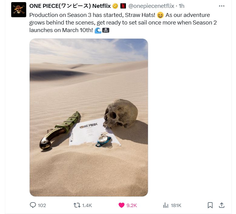 Pengumuman produksi season 3 One Piece Netflix. (x.com/onepiecenetflix)