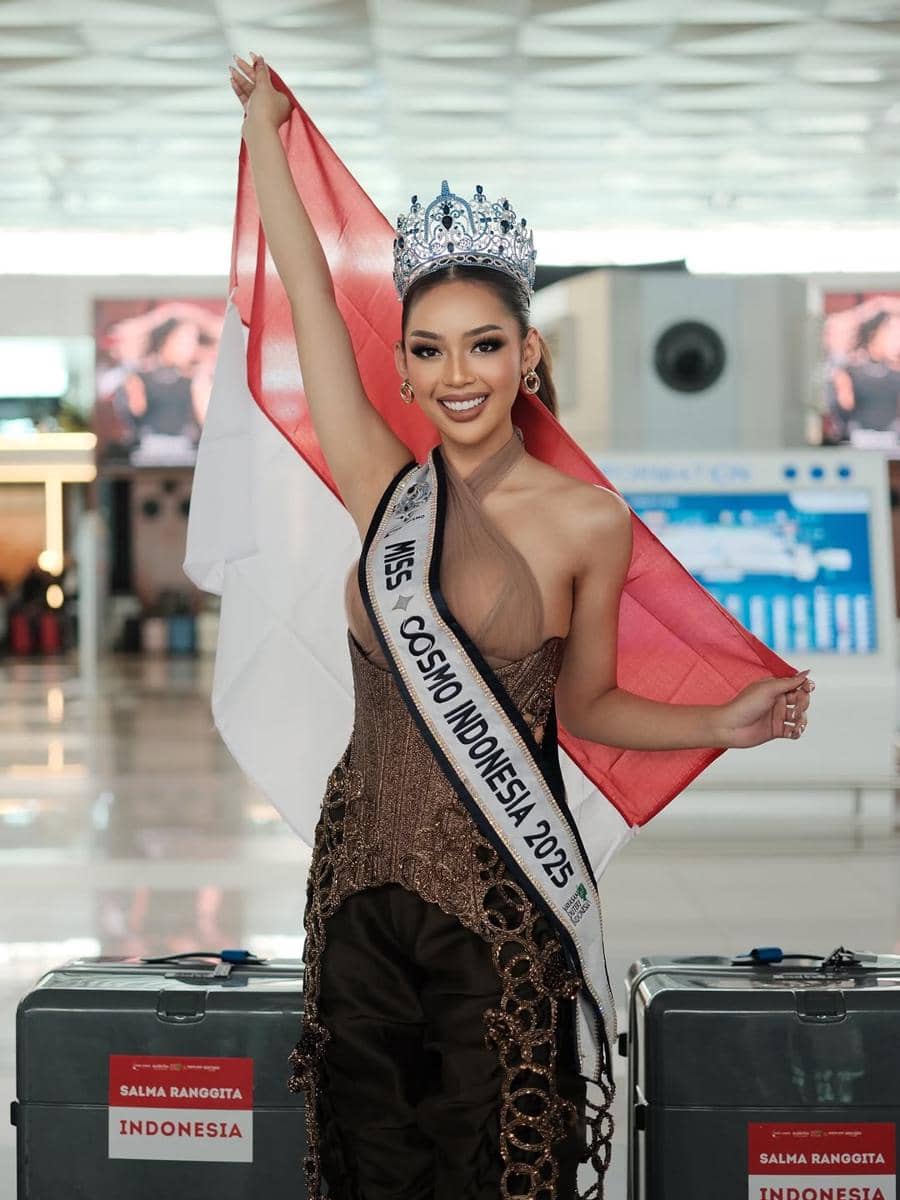 potret keberangkatan Salma Ranggita ke ajang Miss Cosmo 2025