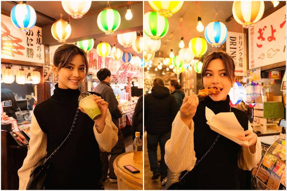 Yoriko Angeline kulineran di Nishiki Market.