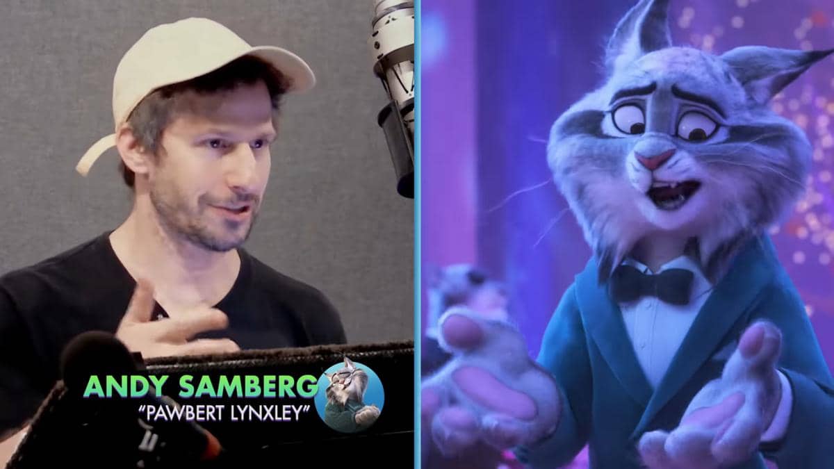 Kolase foto Andy Samberg pengisi suara Pawbert Lynxley di Zootopia 2
