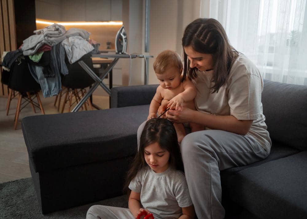 ilustrasi ibu mengurus anak