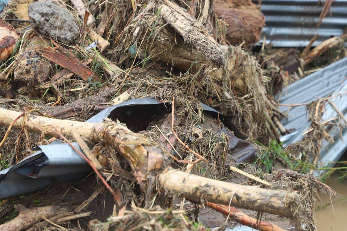 Material kayu yang terbawa arus saat banjir bandang di Kota Padang.