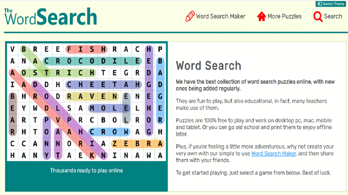 tampilan web Word Search