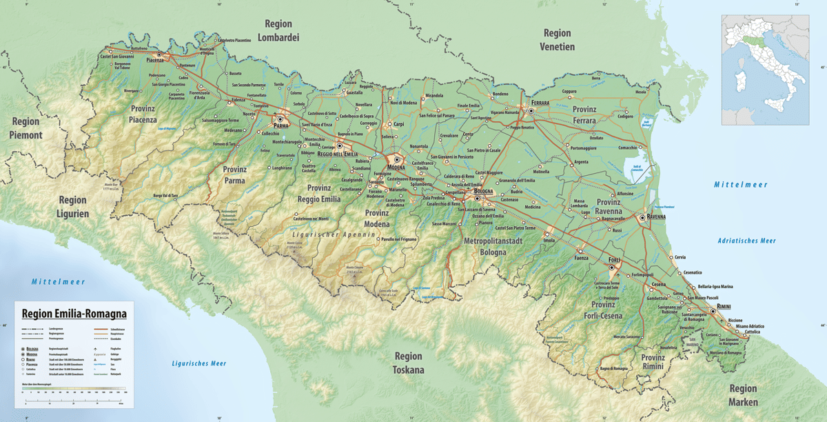 Peta wilayah Emilia-Romagna, mencakup Sassuolo di Provinsi Modena