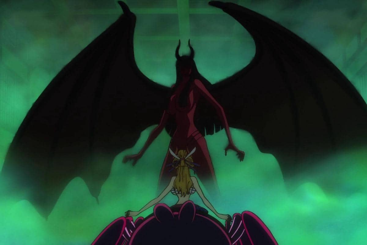 Robin menghadapi Black Maria dalam wujud Demonio Fluer.