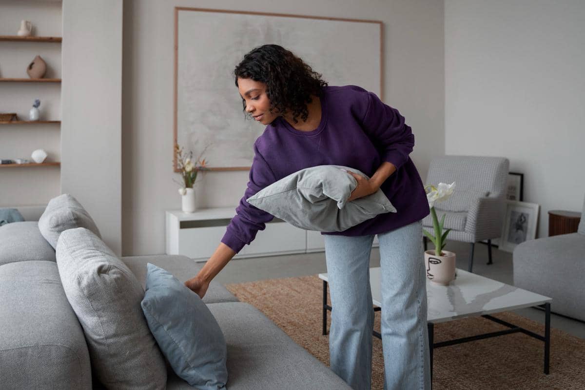 ilustrasi perempuan merapikan bantal sofa