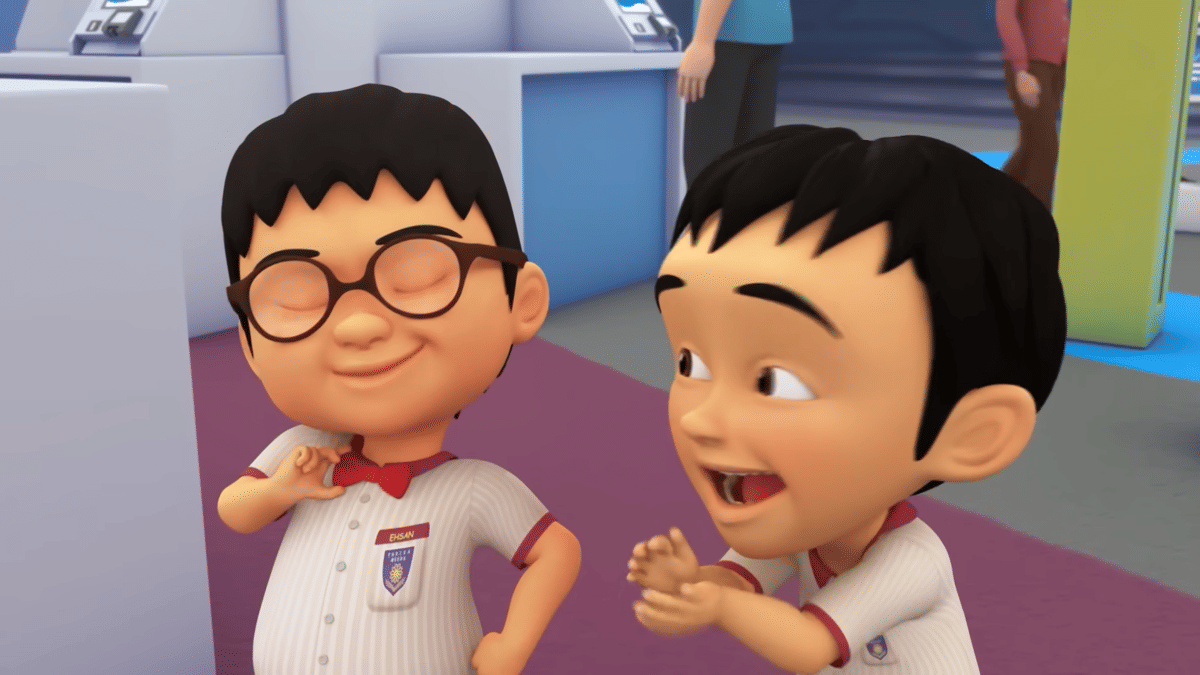 Potret Ehsan dan Fizi dalam episode "Rajin Menyimpan Bijak Belanja" dalam serial Upin dan Ipin.