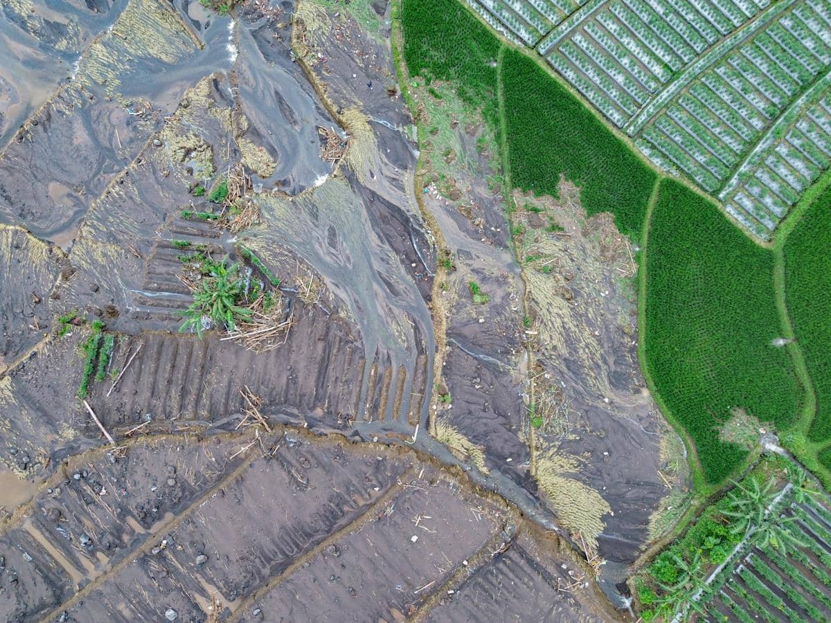 Ilustrasi foto udara kondisi lahan pertanian yang rusak terdampak bencana erupsi Gunung Semeru. (ANTARA FOTO/Irfan Sumanjaya)