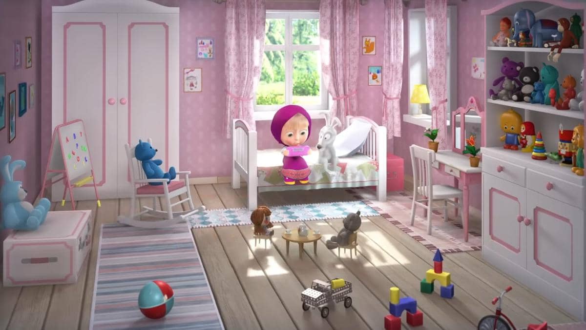 perabotan di kamar Masha berwarna putih dengan sedikit aksen pink