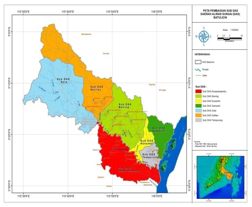 peta pembagian sub Daerah Aliran Sungai (DAS) Batulicin