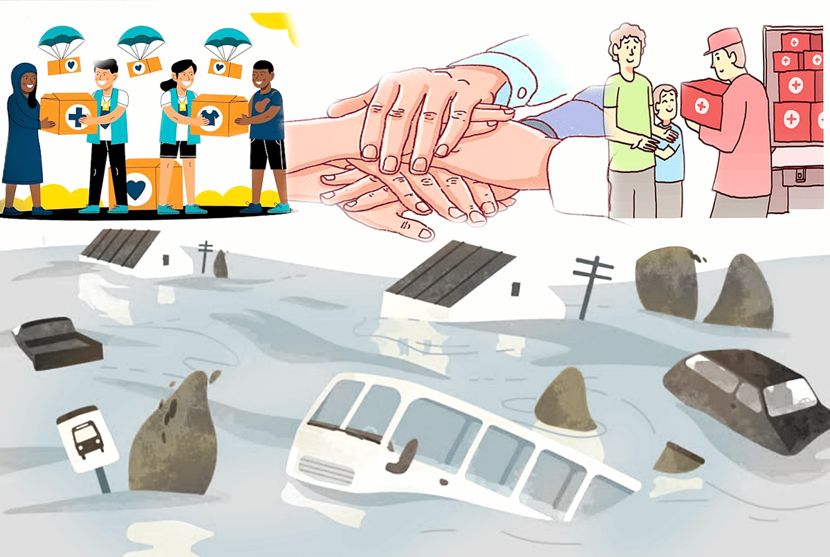 Ilustrasi situasi banjir bandang lengkap dengan kendaraan, rumah, dan puing yang terbawa arus. Gambar digunakan untuk mendukung artikel terkait bencana alam Sumatra..