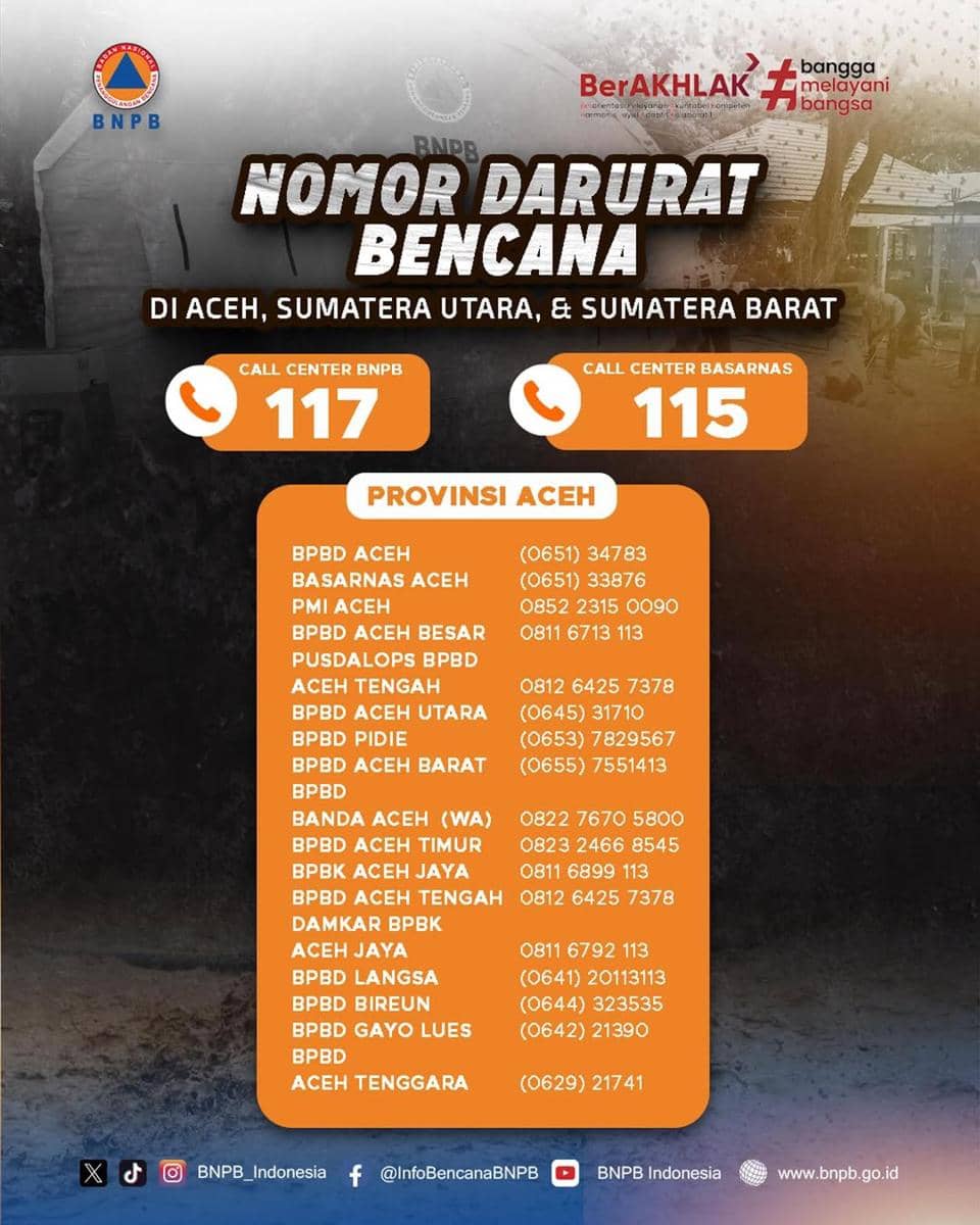 Nomor penting dan posko Aceh. (instagram.com/bnpb_indonesia)