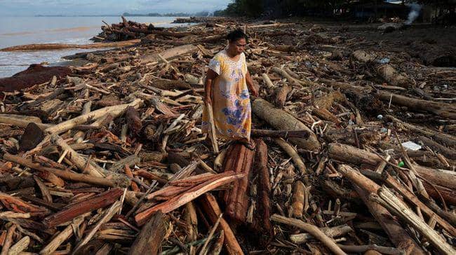 Banjir bandang yang terjadi di wilayah padang, Sumatera Barat, menghanyutkan kayu gelondongan.