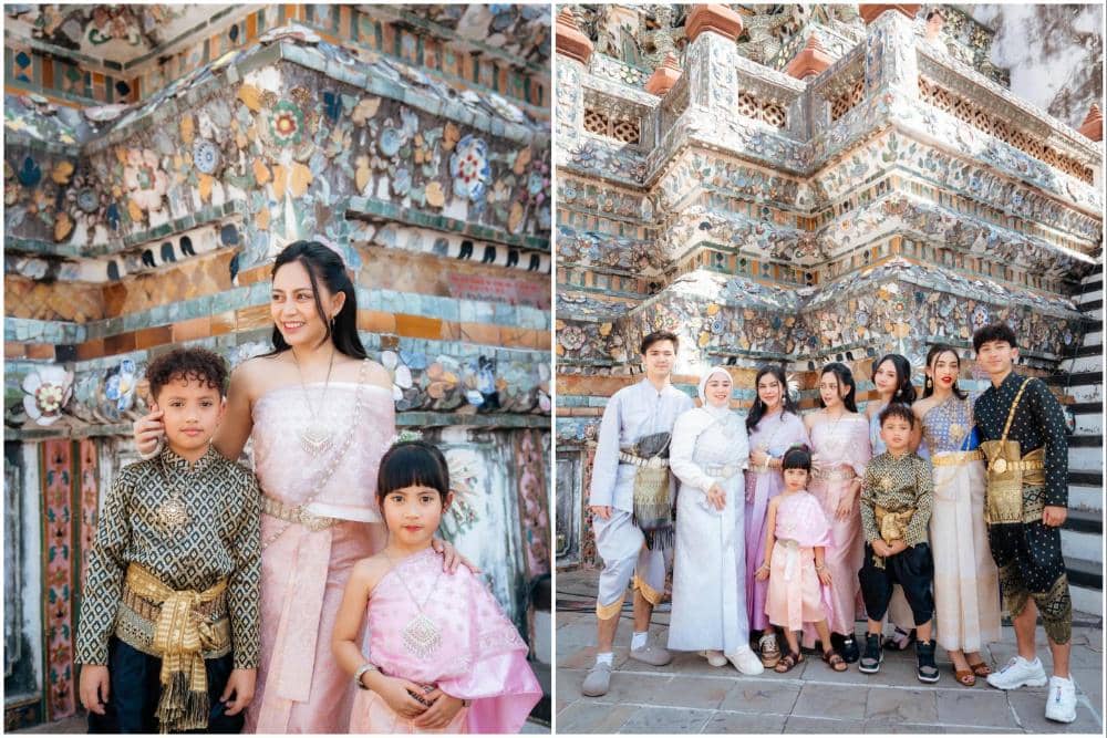 Rachel Vennya dan keluarga mengunjungi Wat Arun di Thailand.