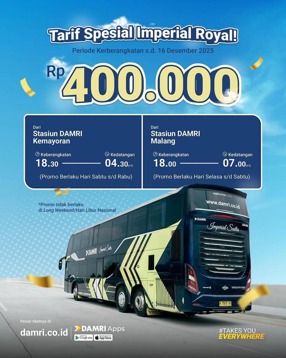 Promo Naik Damri Imperial Royal, Jadwal, Tiket, dan Fasilitas