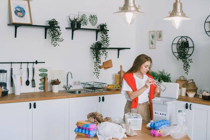 Seseorang menata peralatan dapur di atas meja dapur yang bersih dalam ruangan bernuansa terang dan rapi.