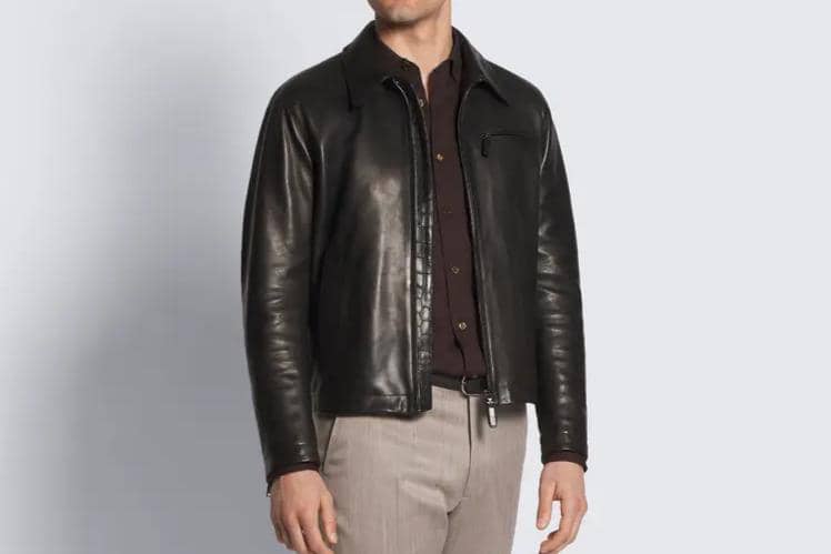 Brioni Black Leather Shirt Collar Blouson with Alligator Details.