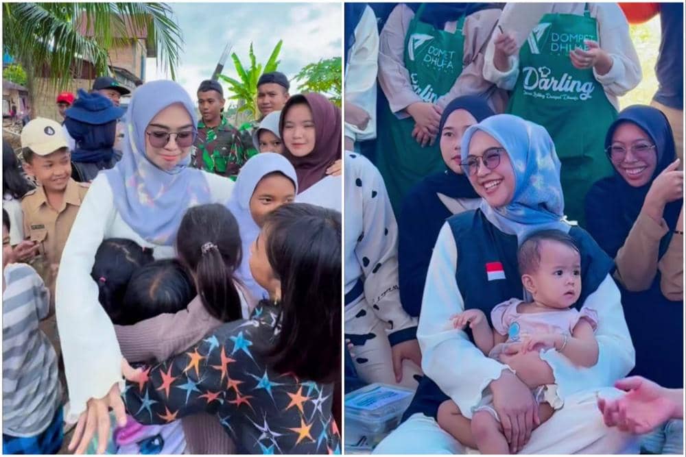 Ria Ricis menghibur anak-anak pengungsian di Sumbar.