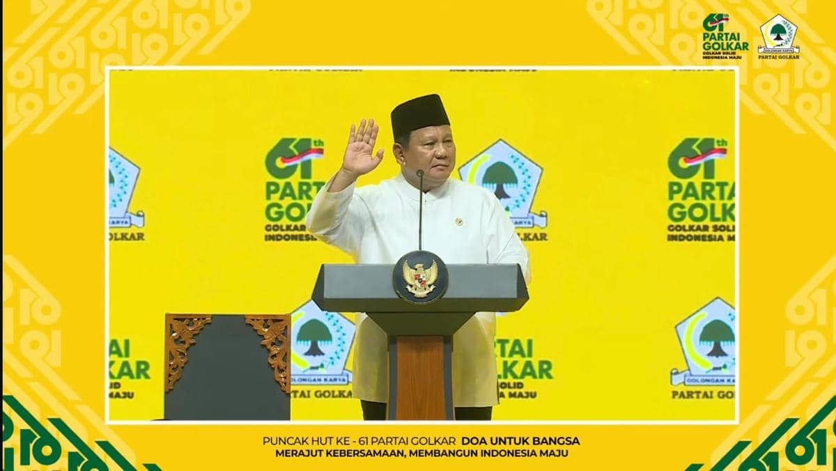 Prabowo di HUT Golkar Sebut Kaesang Ganteng dan Bahlil Orang Cerdas