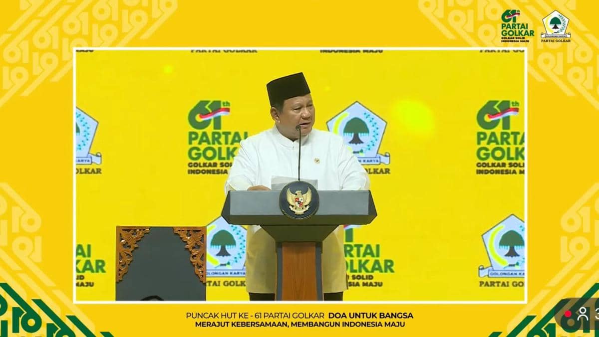 Presiden Prabowo menghadiri puncak peringatan HUT ke-61 Golkar, di Istora Senayan, Jumat (5/12/2025) (Youtube.com/DPP Golkar)