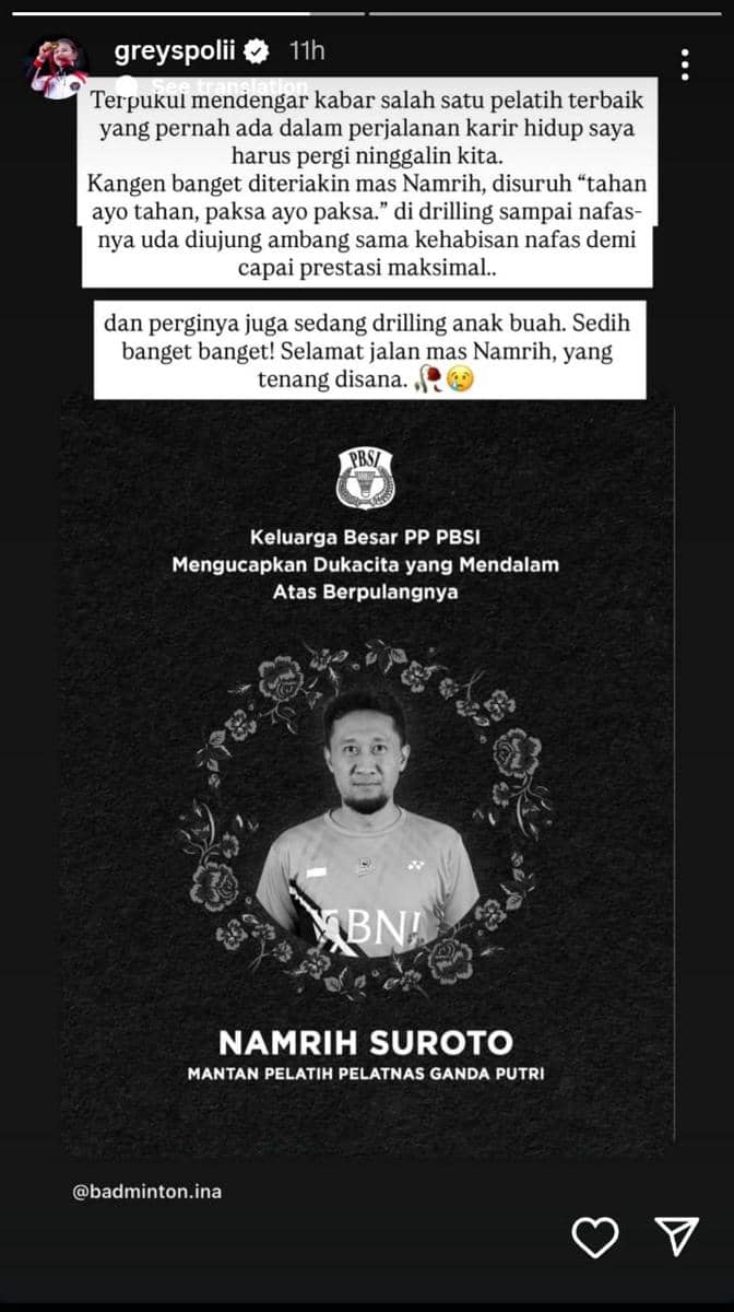 Ungkapan duka cita Greysia Polii atas wafatnya mantan pelatih Pelatnas PBSI, Namrih Suroto