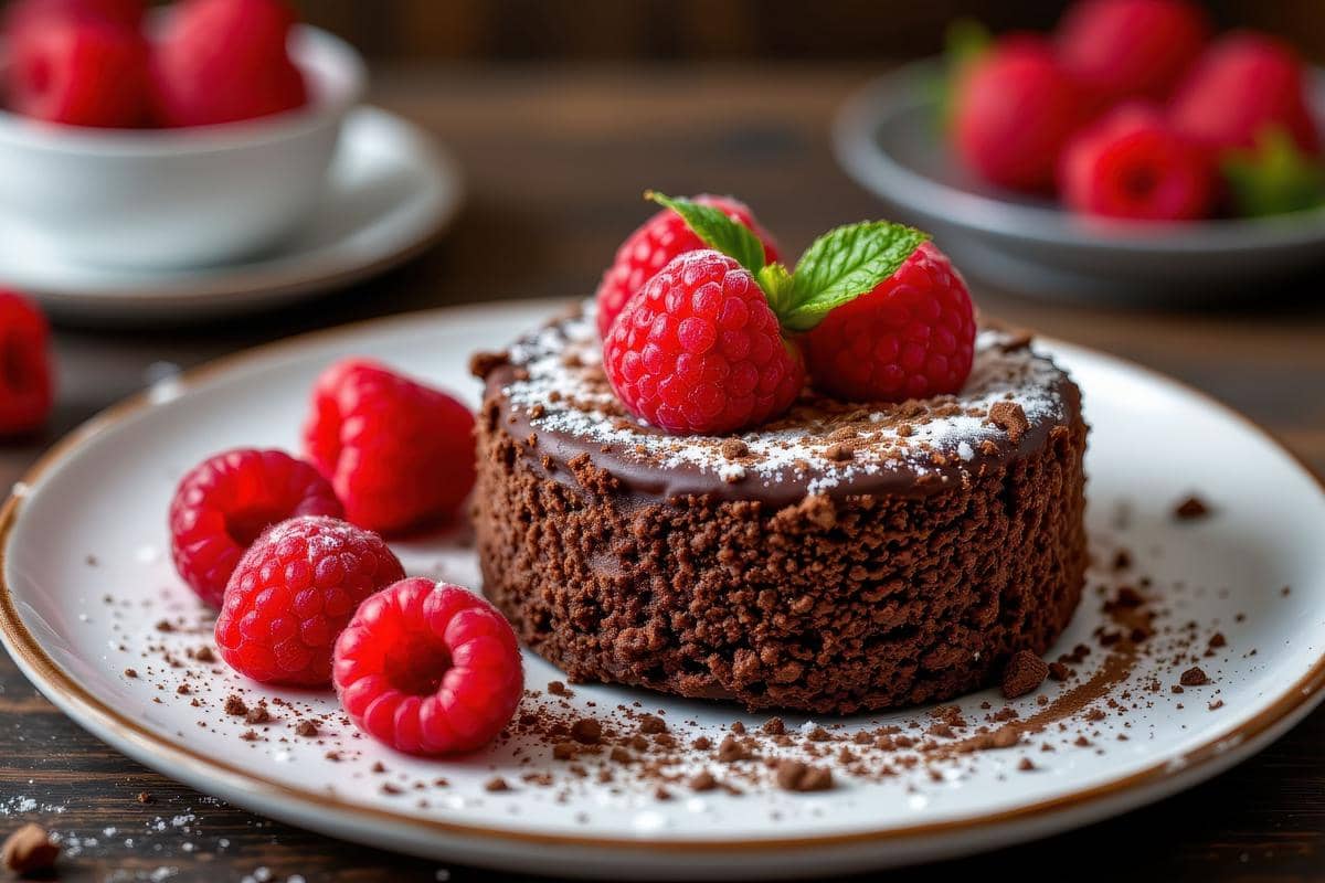 Potret chocolate torte dengan topping gula halus dan raspberry