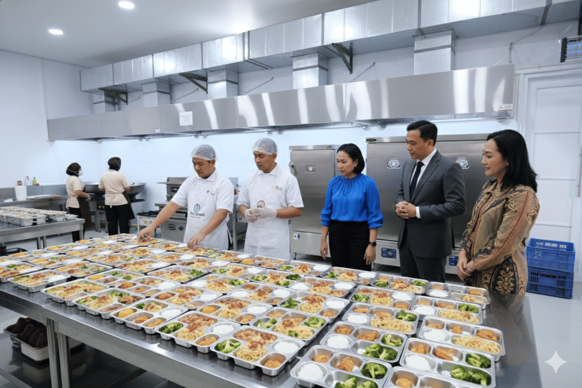 Koki menyiapkan makanan katering dalam wadah, diawasi oleh tiga eksekutif di dapur komersial.