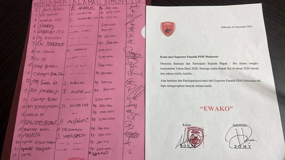 Kelompok mengatasnamakan Suporter Fanatik PSM Makassar menyebar surat permintaan bantuan untuk perayaan Tahun Baru 2026. (Dok. IDN Times)