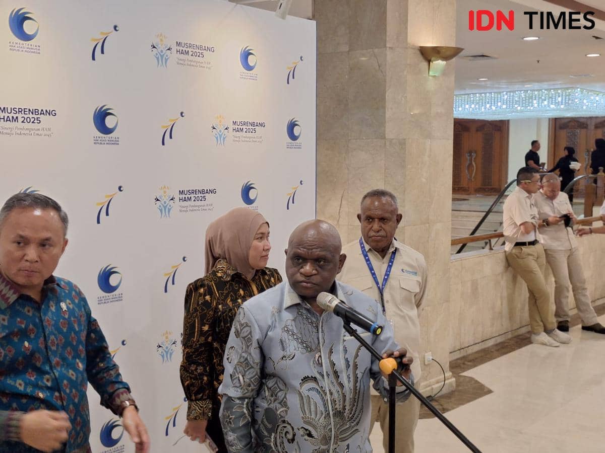 Menteri Hak Asasi Manusia (HAM) Natalius Pigai dalam acara Musyawarah Perencanaan Pembangunan (Musrenbang) HAM di kawasan Tanah Abang