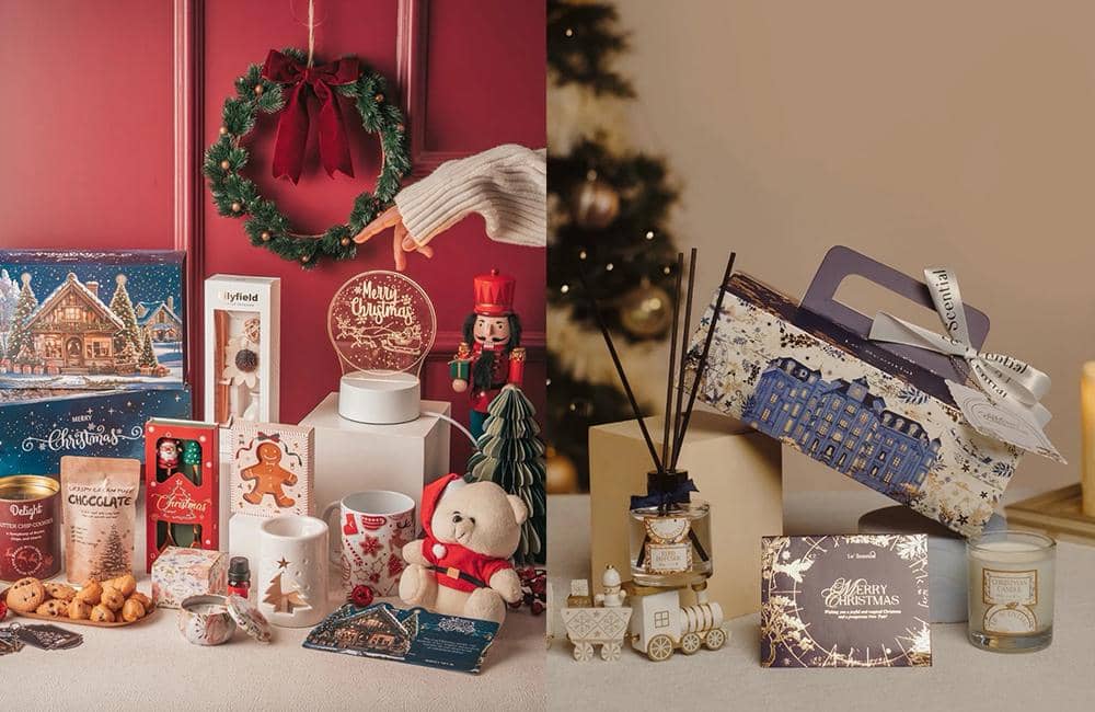 Ilustrasi hampers Natal (kolase foto via Shopee Perfect Gift IDE & Le Scential)