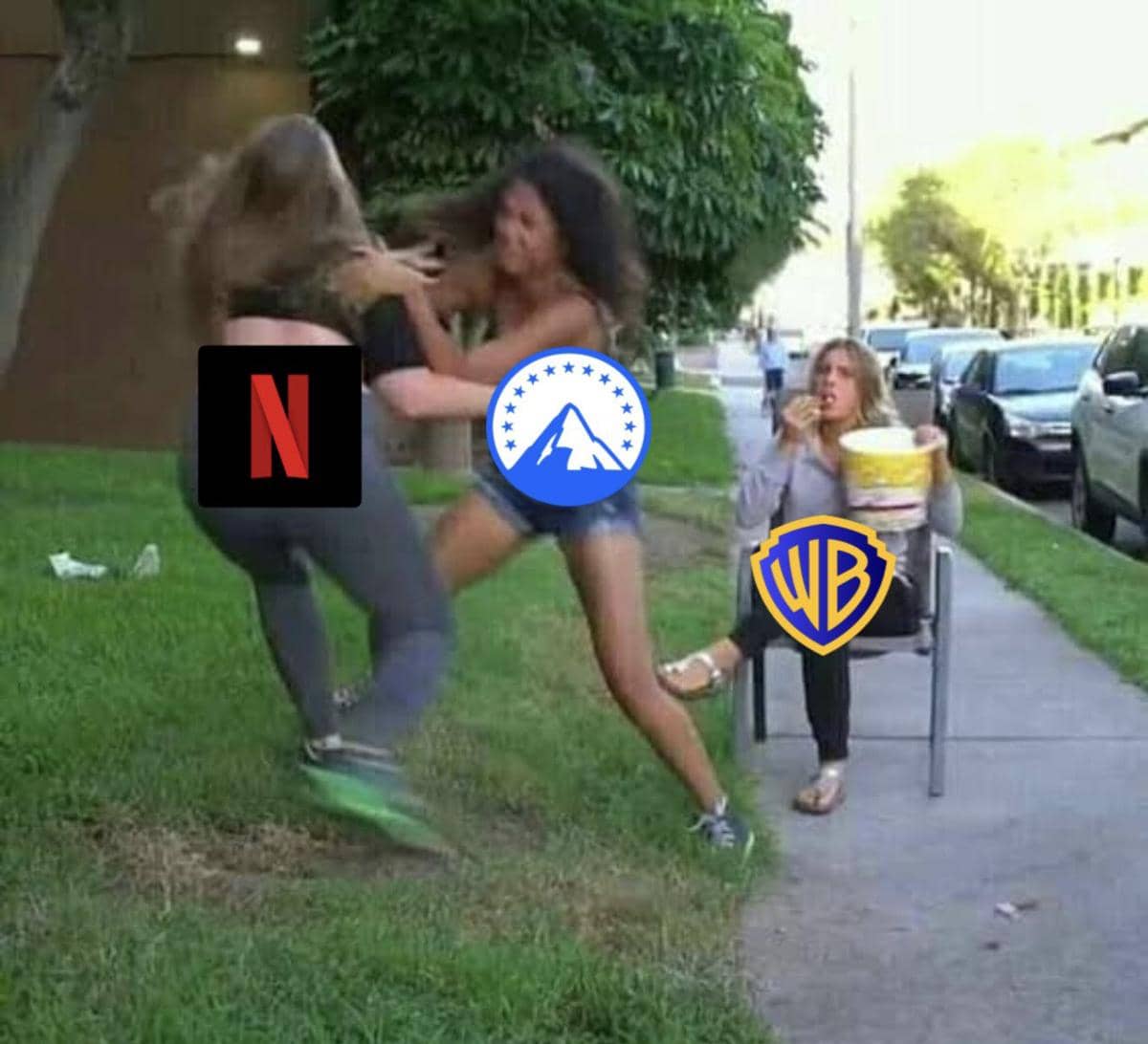 meme Netflix dan Paramount rebutan Warner Bros
