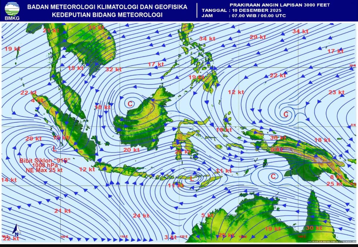 Bibit Siklon Tropis 91S yang terdeteksi di Samudera Hindia (Dok: BMKG)