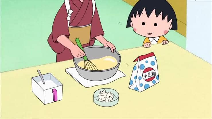 Maruko dan nenek sendang membuat kerumeyaki 