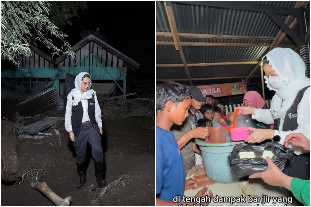 Marcella Zalianty jadi relawan bencana di Aceh.