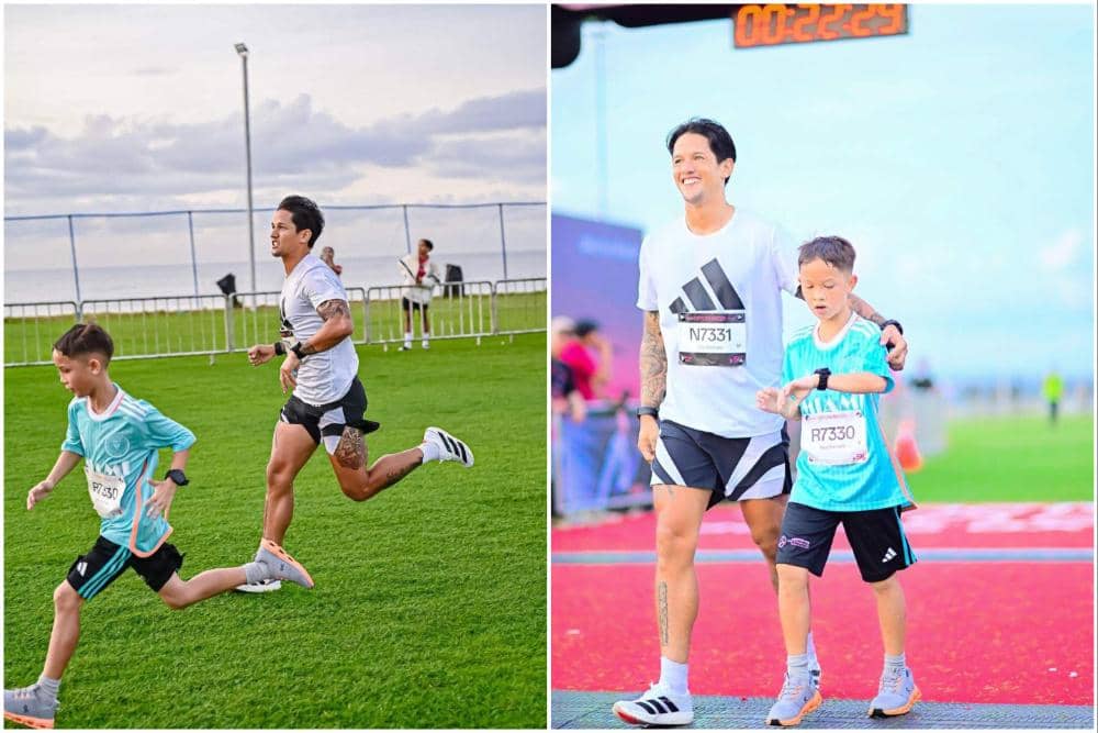 Irfan Bachdim lari bareng anak.