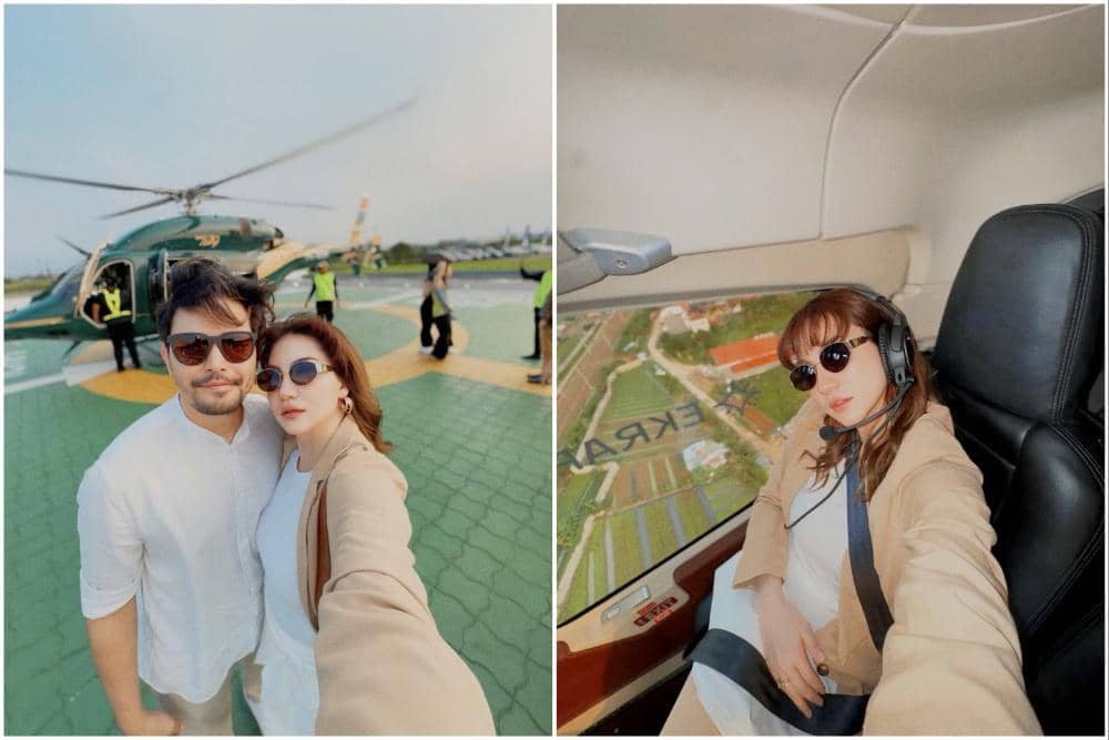 Alessia Cestaro dan suami naik helikopter.