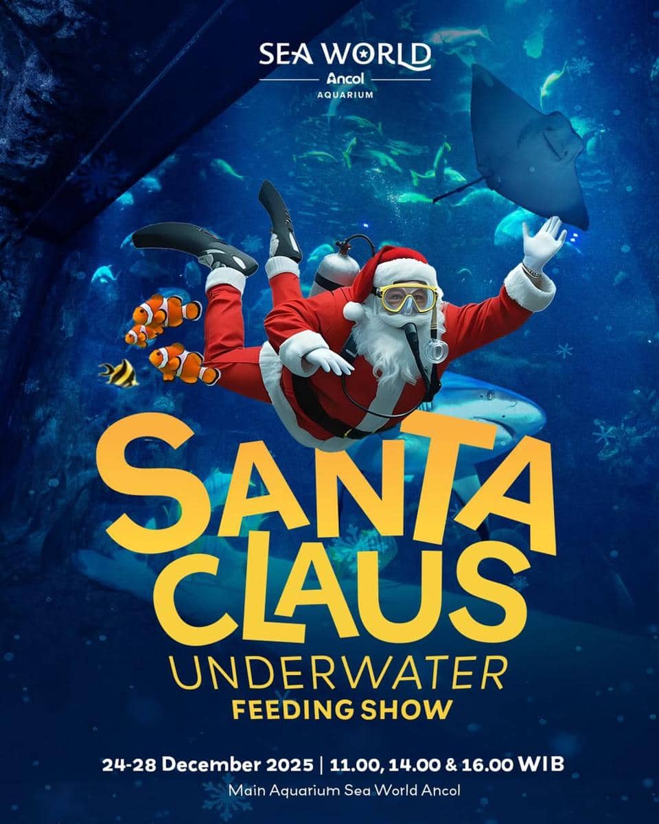 Potret Santa Claus Underwater Feeding Show, Sea World, Ancol, Jakarta Utara
