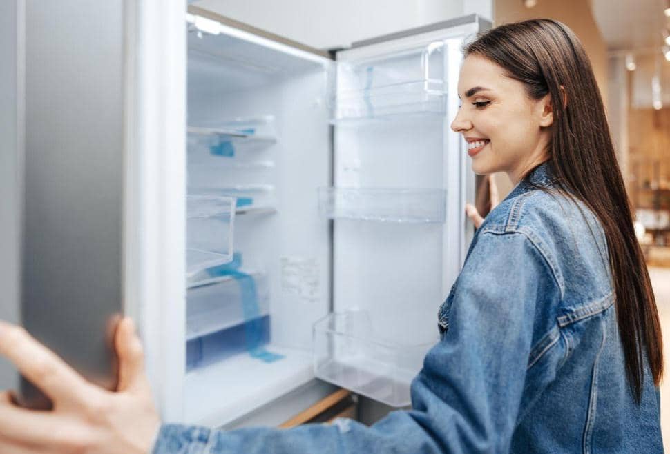 Ilustrasi wanita membuka kulkas.