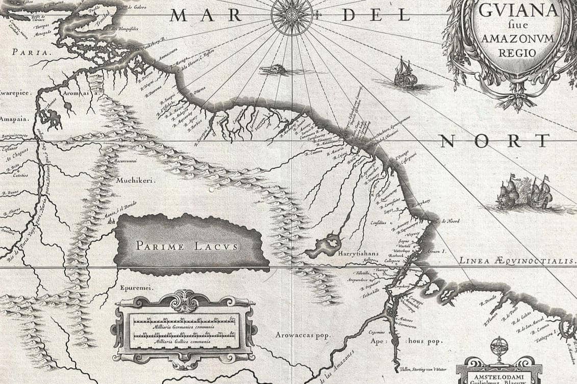 Peta karya G. Blaeu sekitar tahun 1635 yang menggambarkan bagian timur laut Amerika Selatan, Danau Parima (Parime Lacus), dan rute menuju El Dorado.