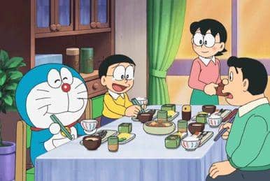 Nobita & Doraemon makan bersama ayah dan ibu 