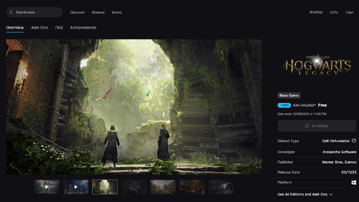 Hogwarts Legacy seharga Rp0 di Epic Games Store