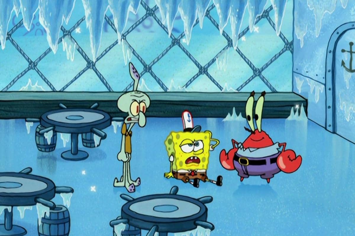 area interior restoran Tuan Krabs berubah jadi mirip seperti arena ice skating