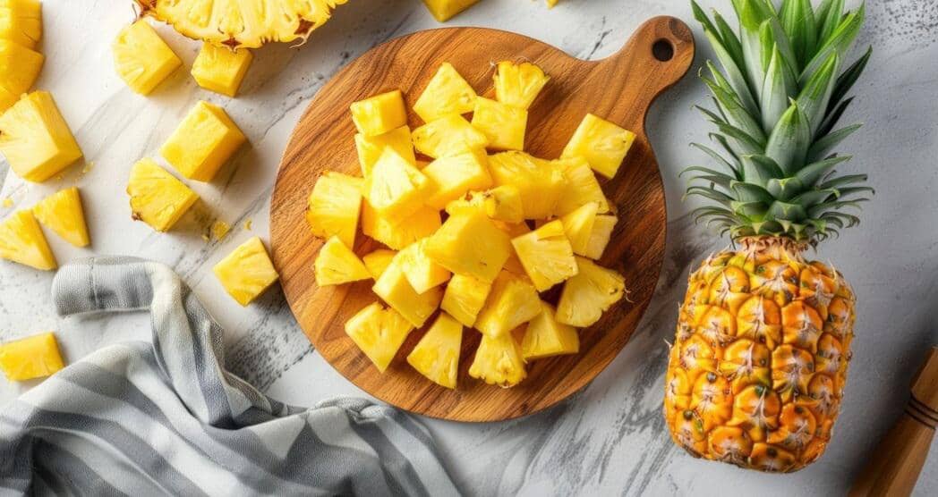 Potongan nanas segar berwarna kuning cerah di atas talenan kayu dengan buah nanas utuh di sampingnya di meja dapur.