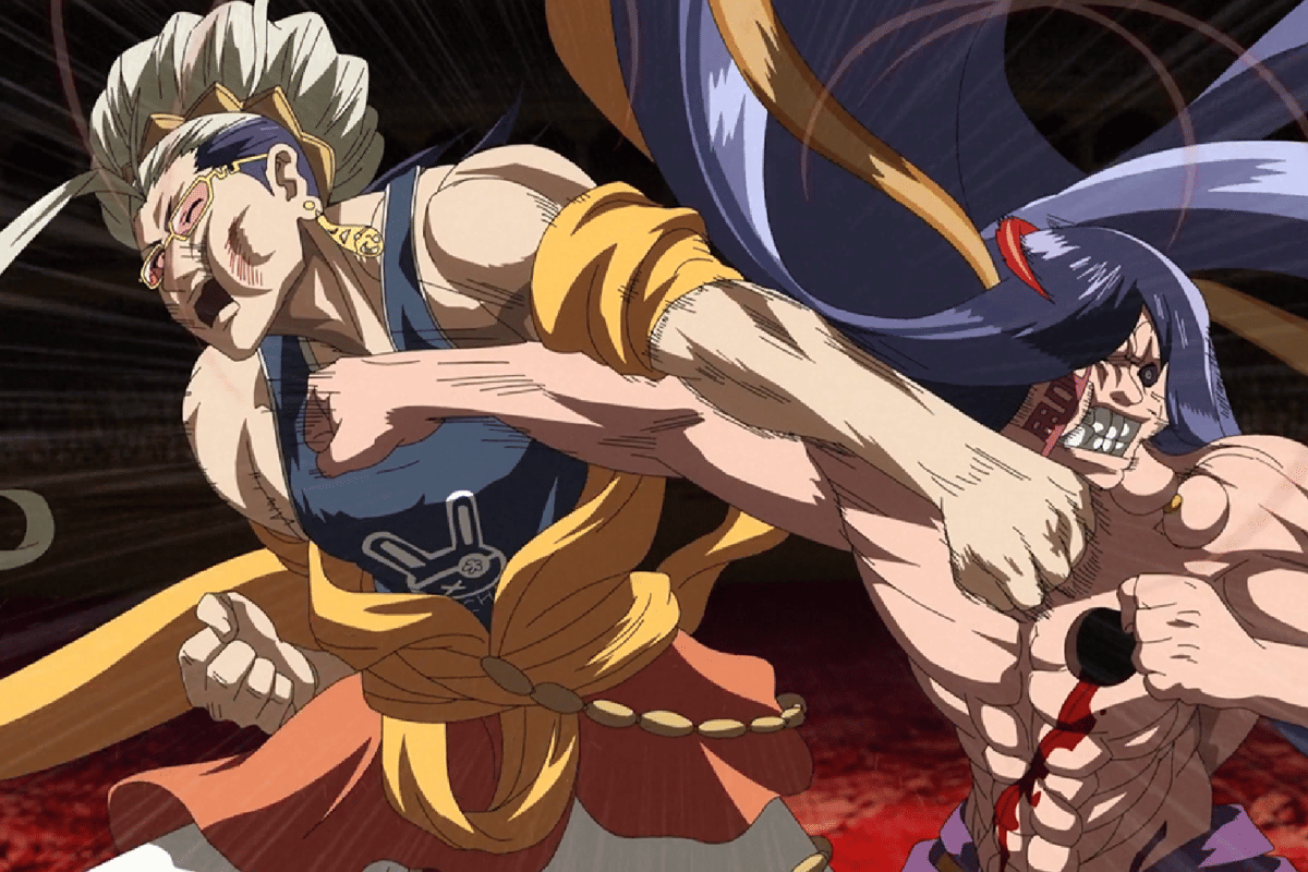 Pertarungan intens antara Buddha dan Zerofuku dalam anime Record of Ragnarok, menampilkan adegan pukulan penuh tenaga di arena pertempuran.