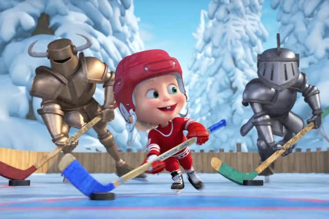 Masha bermain hoki es bersama beberapa karakter ksatria dari masa lalu